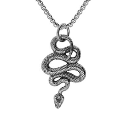 Collier en acier chaîne avec pendentif patiné 40*25mm serpent enroulé 53+5cm