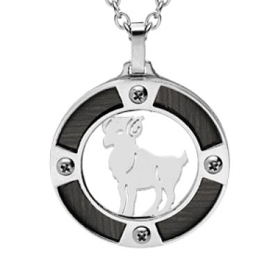 Collier en acier chaîne avec pendentif rond zodiaque Bélier aspect bois noir et vis cruciforme 50+5cm