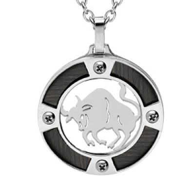 Collier en acier chaîne avec pendentif rond zodiaque Taureau aspect bois noir et vis cruciforme 50+5cm