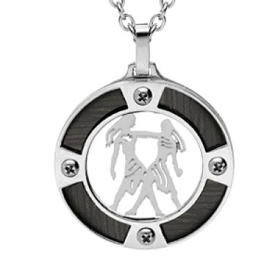 Collier en acier chaîne avec pendentif rond zodiaque Gémeaux aspect bois noir et vis cruciforme 50+5cm