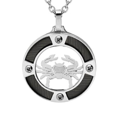 Collier en acier chaîne avec pendentif rond zodiaque Cancer aspect bois noir et vis cruciforme 50+5cm