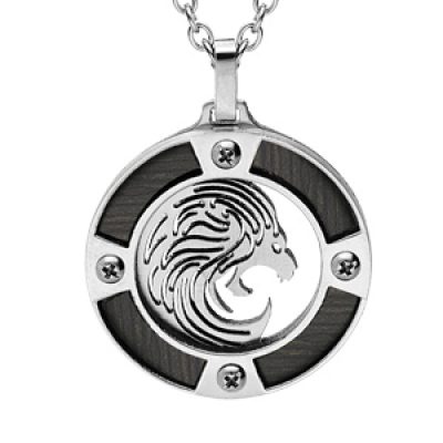 Collier en acier chaîne avec pendentif rond zodiaque Lion aspect bois noir et vis cruciforme 50+5cm