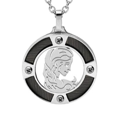 Collier en acier chaîne avec pendentif rond zodiaque Vierge aspect bois noir et vis cruciforme 50+5cm