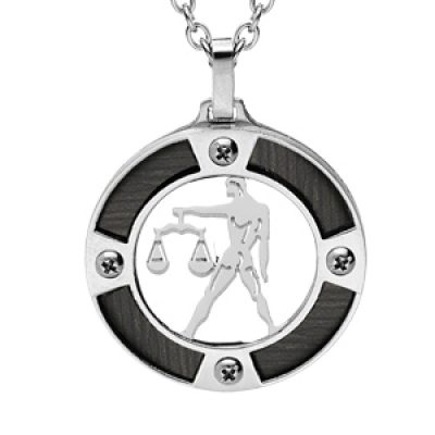 Collier en acier chaîne avec pendentif rond zodiaque Balance aspect bois noir et vis cruciforme 50+5cm