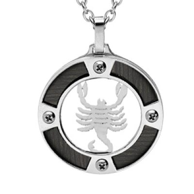 Collier en acier chaîne avec pendentif rond zodiaque Scorpion aspect bois noir et vis cruciforme 50+5cm