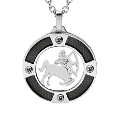 Collier en acier chaîne avec pendentif rond zodiaque Sagittaire aspect bois noir et vis cruciforme 50+5cm