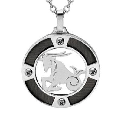Collier en acier chaîne avec pendentif rond zodiaque Capricorne aspect bois noir et vis cruciforme 50+5cm