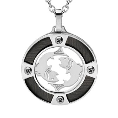 Collier en acier chaîne avec pendentif rond zodiaque Poissons aspect bois noir et vis cruciforme 50+5cm