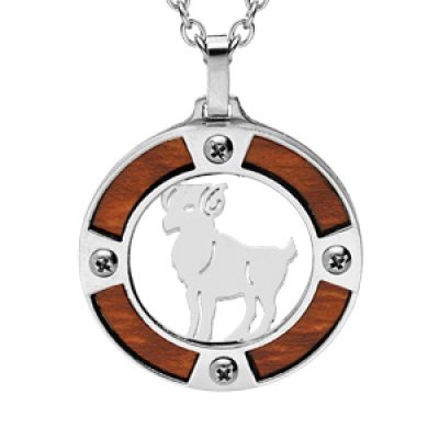 Collier en acier chaîne avec pendentif rond zodiaque Bélier aspect bois clair et vis cruciforme 50+5cm