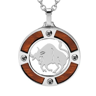 Collier en acier chaîne avec pendentif rond zodiaque Taureau aspect bois clair et vis cruciforme 50+5cm
