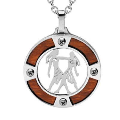 Collier en acier chaîne avec pendentif rond zodiaque Gémeaux aspect bois clair et vis cruciforme 50+5cm