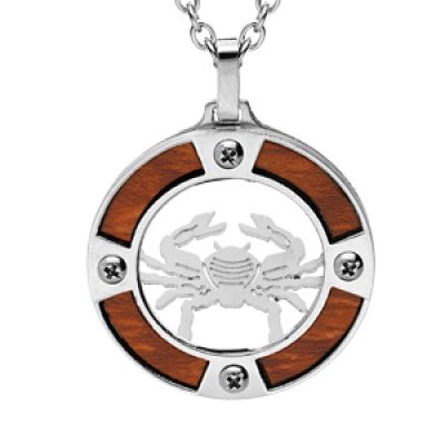 Collier en acier chaîne avec pendentif rond zodiaque Cancer aspect bois clair et vis cruciforme 50+5cm