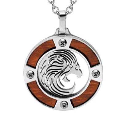 Collier en acier chaîne avec pendentif rond zodiaque Lion aspect bois clair et vis cruciforme 50+5cm