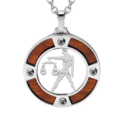 Collier en acier chaîne avec pendentif rond zodiaque Balance aspect bois clair et vis cruciforme 50+5cm