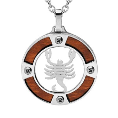 Collier en acier chaîne avec pendentif rond zodiaque Scorpion aspect bois clair et vis cruciforme 50+5cm