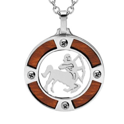 Collier en acier chaîne avec pendentif rond zodiaque Sagittaire aspect bois clair et vis cruciforme 50+5cm
