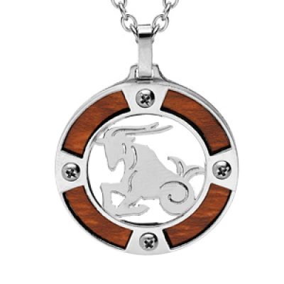 Collier en acier chaîne avec pendentif rond zodiaque Capricorne aspect bois clair et vis cruciforme 50+5cm