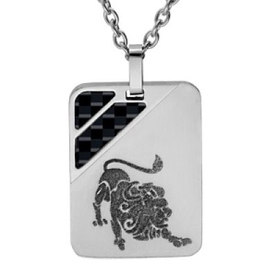 Collier en acier chaîne avec pendentif rectangulaire zodiaque Lion 2 bandes carbone 50+5cm