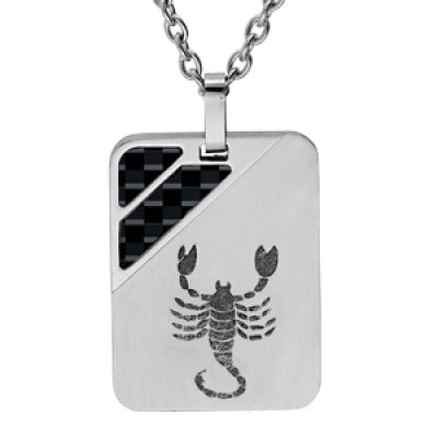 Collier en acier chaîne avec pendentif rectangulaire zodiaque Scorpion 2 bandes carbone 50+5cm