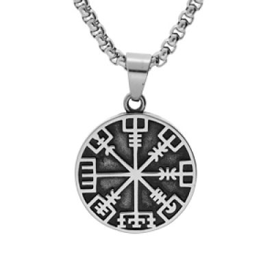 Collier en acier chaîne avec pendentif rond patiné viking 34mm symbole rune celtique 52+5cm