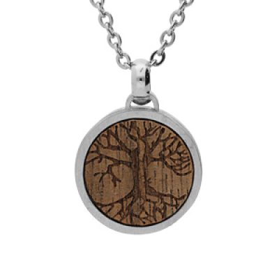 Collier en acier chaîne avec pendentif centre bois motif arbre de vie 50+5cm