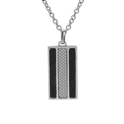 Collier en acier chaîne avec pendentif rectangulaire motif croisillons et PVD noir 50+5cm