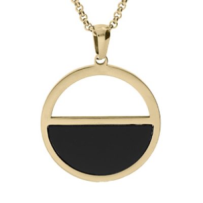 Collier en acier et PVD jaune chaîneavec pendentif anneau et demi cercle noir 42+4cm