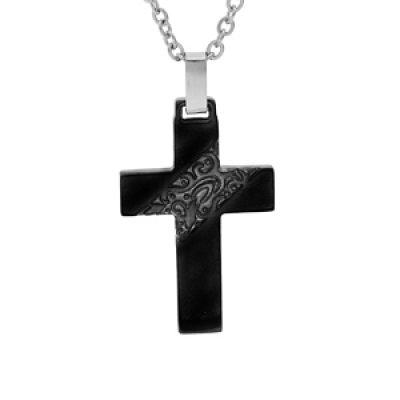 Collier en acier chaîne avec pendentif croix noir 53cm réglable 48cm