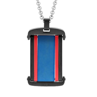 Collier en acier chaîne avec Pendentif rectangulaire noir et bleu avec2  bandes rouge 50+5cm