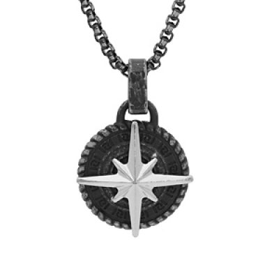 Collier en acier chaîne avec pendentif rond patiné motif étoile du nord 55+10cm