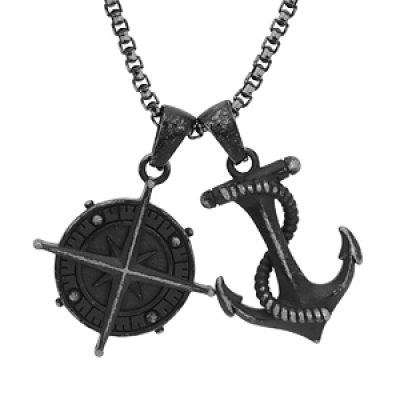 Collier en acier chaîne avec 2 pendentifs patinés 1 boussole et 1 ancre marine 55+10cm