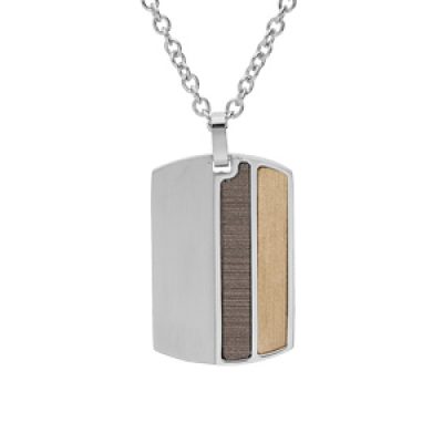Collier en acier chaîne avec pendentif rectangulaire 2 bandes et aspect bois 50+5cm
