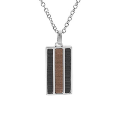 Collier en acier chaîne avec pendentif rectangulaire et aspect bois marron et noir 50+5cm