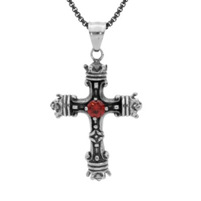 Collier en acier chaîne avec pendentif croix patiné oxyde rouge serti 55+10cm