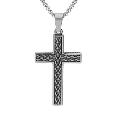 Collier en acier chaîne avec pendentif croix à motif sur le recto verso 50+5cm