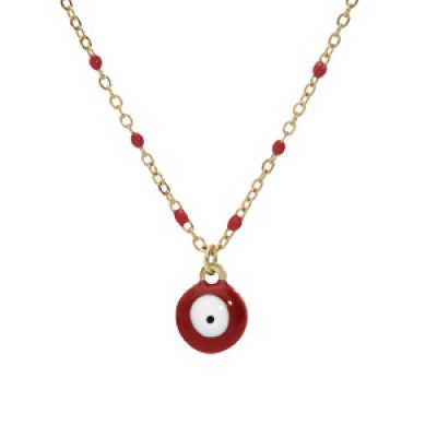 Collier en acier et PVD jaune chaîne avec pendentif oeil de la chance et olives couleur rouge 40+5cm