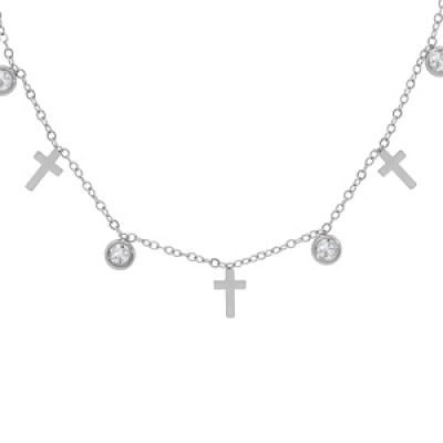 Collier en acier chaîne avec pampilles croix et oxydes blancs sertis 39+5cm