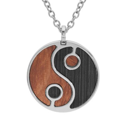 Collier en acier chaîne avec pendentif en bois Yin Yang 50+5cm