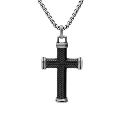 Collier en acier chaîne avec pendentif croix striee en PVD noir 50+5cm