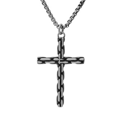 Collier en acier chaîne avec pendentif croix en maillons 50+5cm