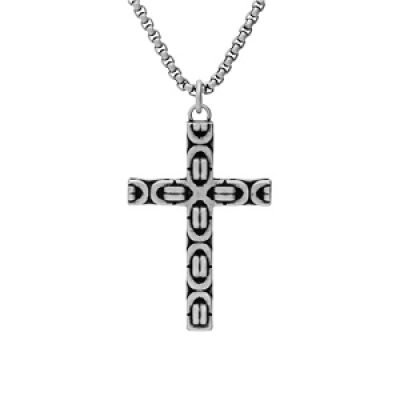 Collier en acier chaîne avec pendentif croix en maille mecanique 50+5cm