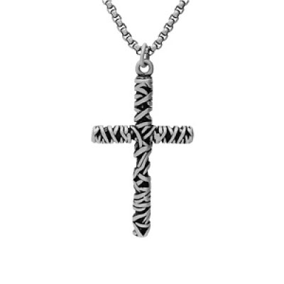 Collier en acier chaîne avec pendentif croix en fil entremélés 50+5cm