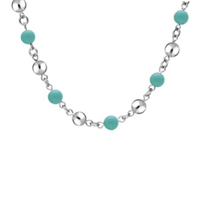 Collier en acier perles de Jade bleu véritable et boules lisses 40+5cm