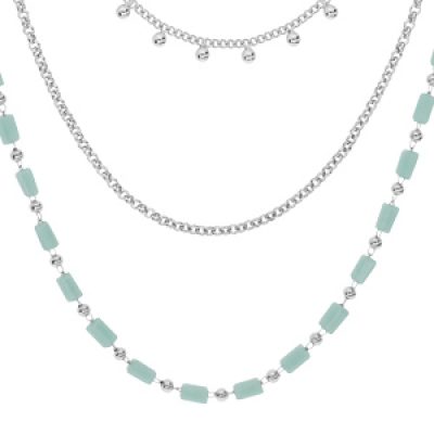 Collier en acier chaîne 3 rangs avec perles de verre couleur bleue 41/45/50cm