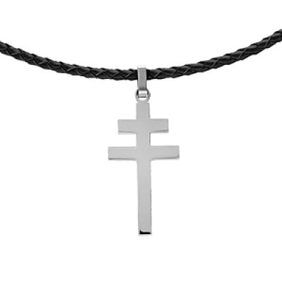 Collier en acier et cuir noir avec pendentif croix de Lorraine satinée 50+5cm