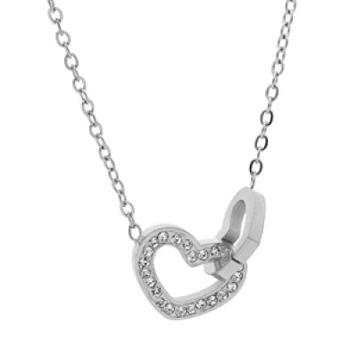 Collier en acier chaîne avec pendentif double coeur oxydes blancs sertis 39+5cm