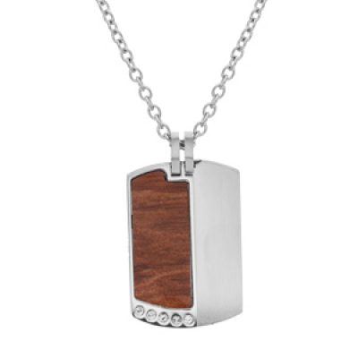 Collier en acier chaîne avec pendentif rectangulaire aspect bois marron et oxydes blancs sertis 50+5cm