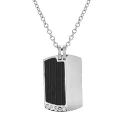 Collier en acier chaîne avec pendentif rectangulaire aspect bois noir et oxydes blancs sertis 50+5cm