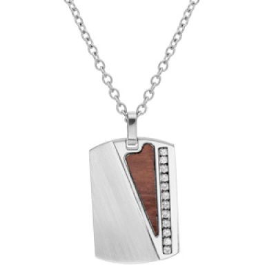 Collier en acier chaîne avec pendentif rectangulaire triangle aspect bois marron et oxydes blancs sertis 50+5cm