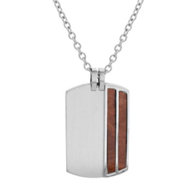 Collier en acier chaîne avec pendentif rectangulaire 2 bandes aspect bois marron 50+5cm